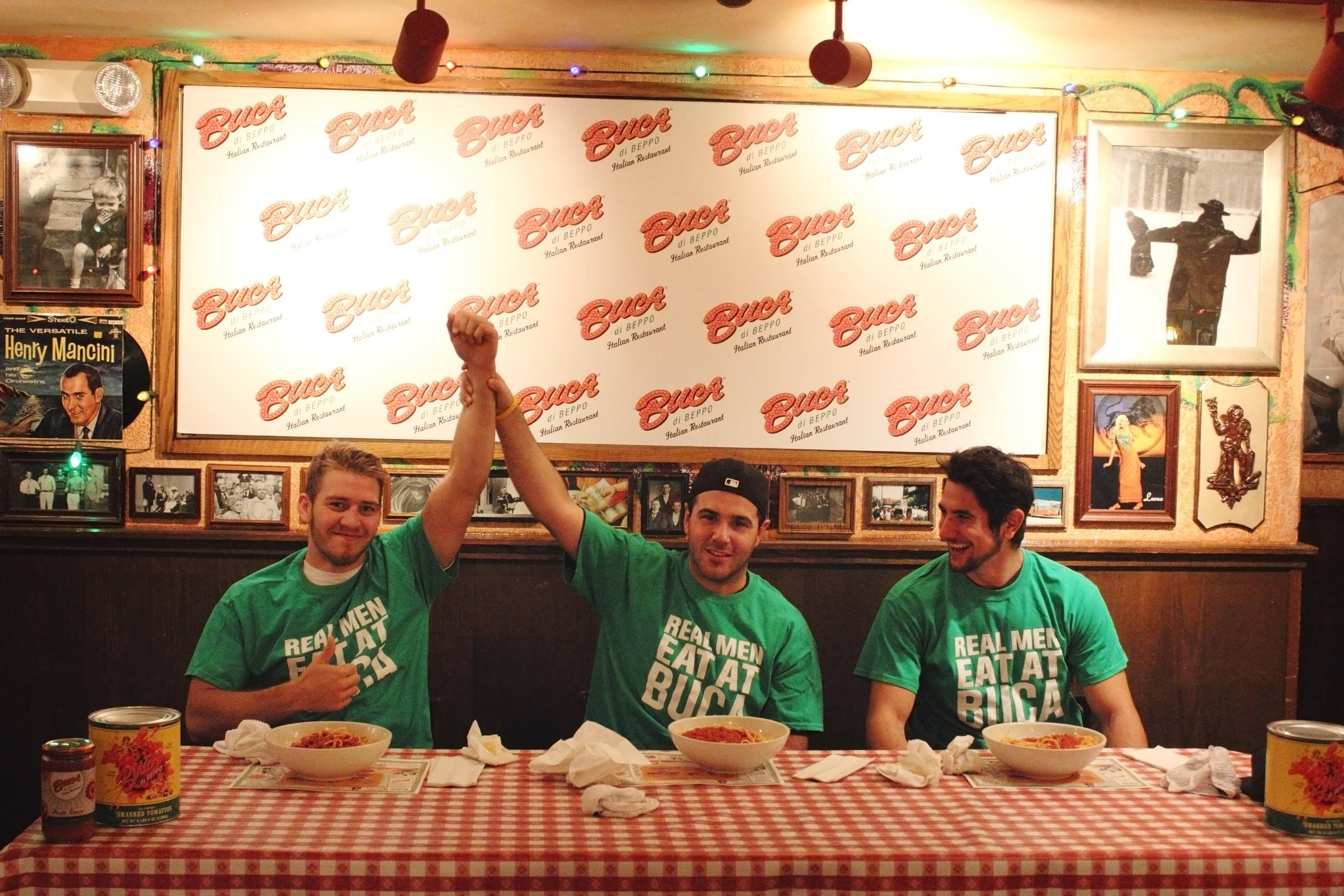 The Las Vegas Wranglers Hockey team celebrate World Pasta Day at Buca di Beppo with a pasta eating contest and meatball slapshots. Photos: Buca di Beppo 