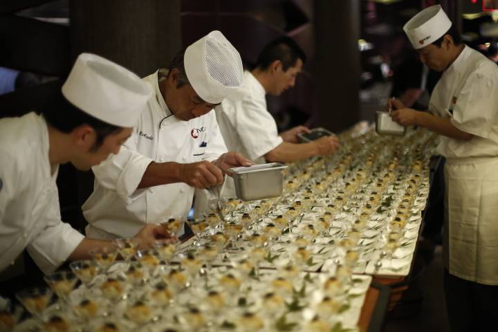 Chef Nobu Matsuhisa entrusts his team of executive sushi chefs as they prepare an array of new dishes for Nobu United at Nobu Caesars Palace. Photo: Sabin Orr 