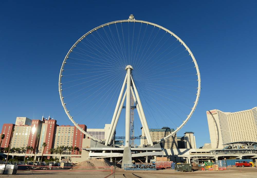 The first passenger cabin is rotated to the top of the Las Vegas High Roller, officially making it the world’s tallest observation wheel at 550 feet. Photos: Denise Truscello 