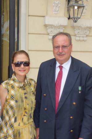 Olivia Decker with King Fouad II of  Egypt at Les Leaders Club luncheon at Hotel Hermitage.