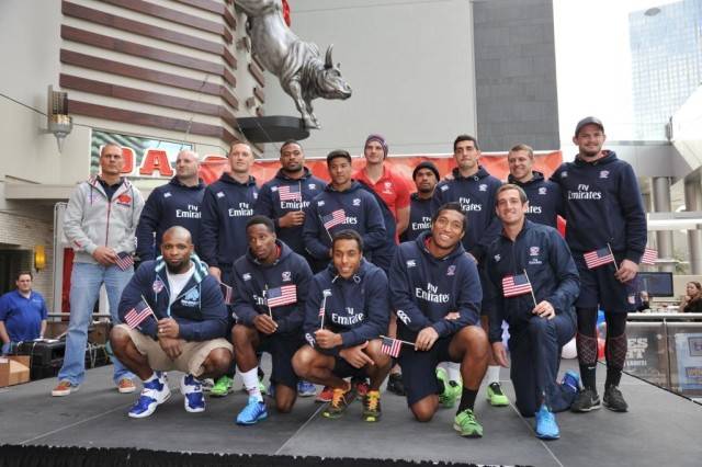 USA Eagles pose on stage outside PBR Rock Bar at Miracle Mile Shops. Photos: Jim Oberg/Las Vegas Photo and Video