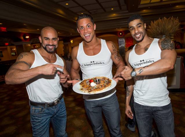 Chippendales (from L to R): John Rivera, Matt Marshall, Alvester Martin Pictured with their Mint Chocolate CHIPPENDALE pancake. Photos: Erik Kabik 