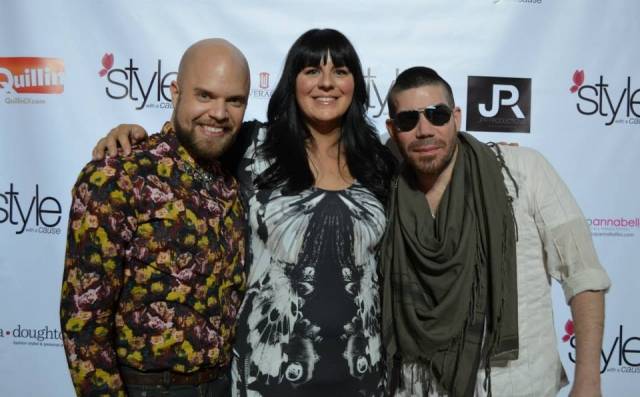 Style with a Cause founder Jenna Doughton and “Project Runway” stars Joshua Christensen and Carlos Casanova, pose on the red carpet at the style with a cause event on Friday, Feb. 28, at Fashion Show mall.