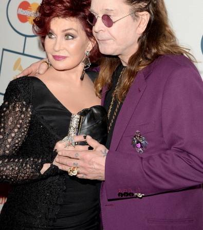Sharon Osbourne  and Ozzy Osbourne wearing Dionia Orcini at the Grammy's