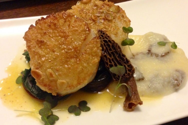 Pumpkin Seed Crusted Scallops with Sunchoke Polenta and Swiss Chard in a Meyer Lemon and Brown Butter Sauce