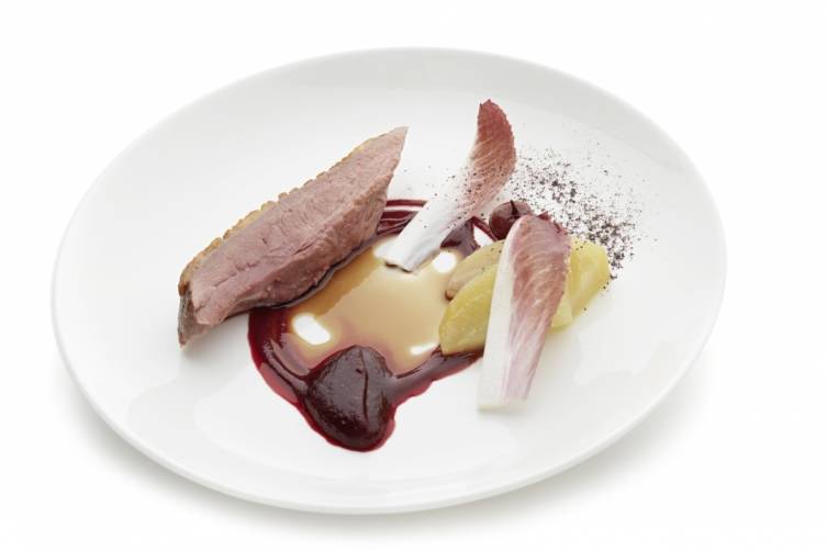 Challans duck with beetroot, griotte cherry, endive and shiso_Bonhams kitchen_0019Bonhams kitchen_0019