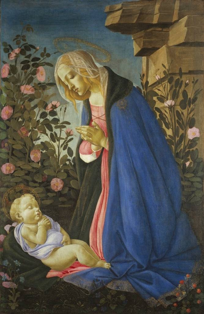 Sandro Botticelli, The Virgin Adoring the Sleeping Christ Child, ca.1490. Tempera and gold on canvas, 48 x 31.5 in. (74 x 42 framed). Scottish National Gallery