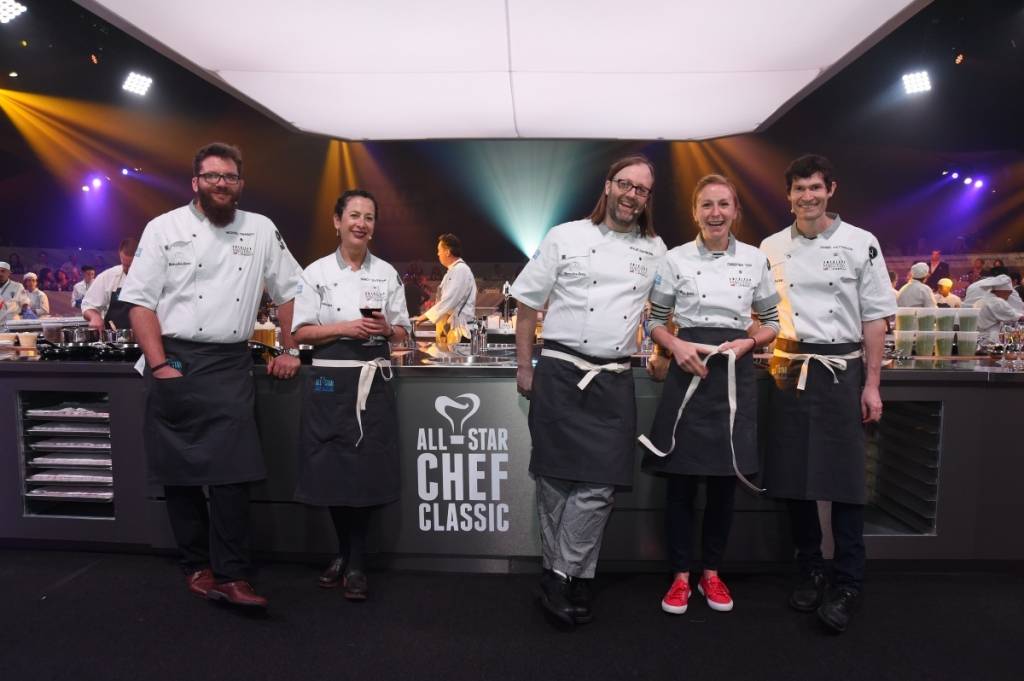 Chefs Michael Cimarusti, Nancy Silverton, Wylie Dufresne, Christina Tosi, and Daniel Patterson at the American Masters dinner 