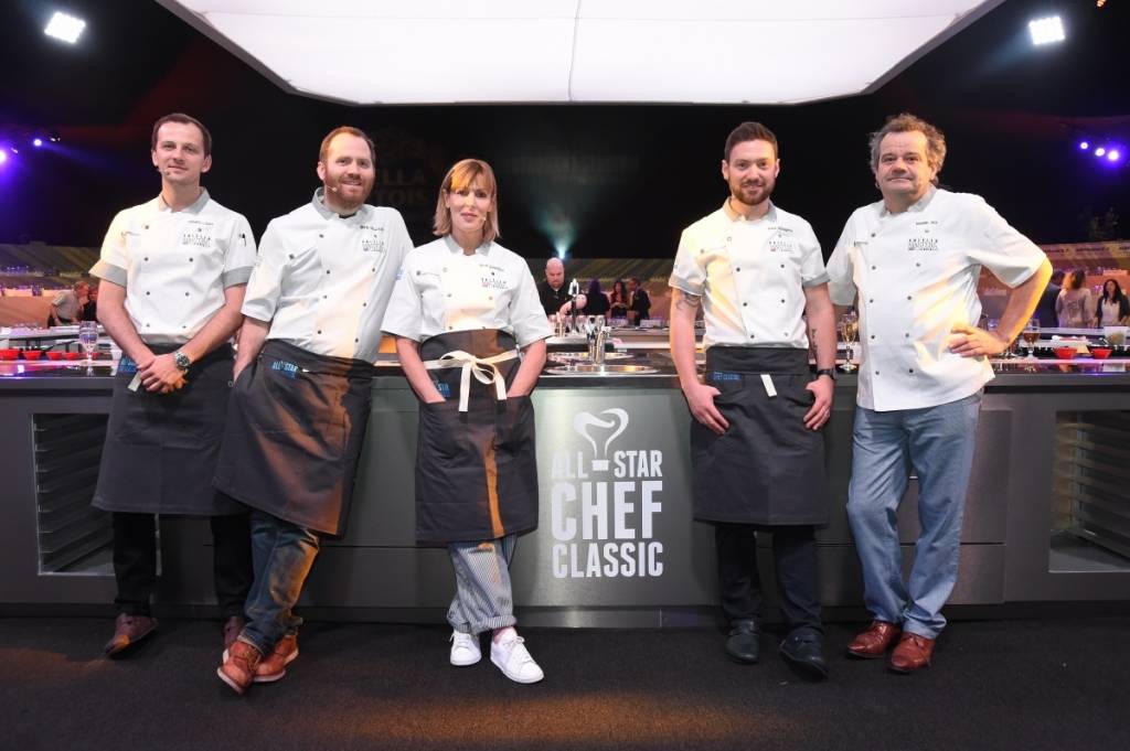 Chefs James Lowe, Bryn Williams, Skye Gyngell, Daniel Doherty, and Mark Hix at the British Masters dinner 