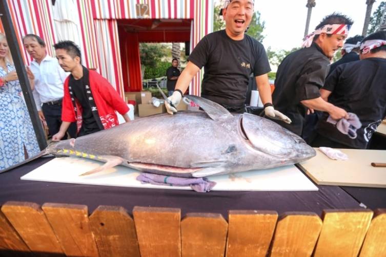 Naked Fish carves up a 240lb tuna at UNLVino's Sake Fever.