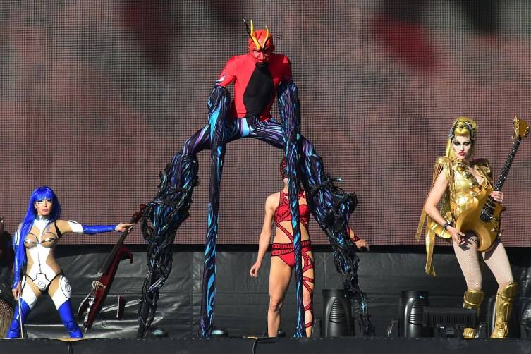 Cirque du Soleil performers entertain concert attendees on the opening day of Rock in Rio.  