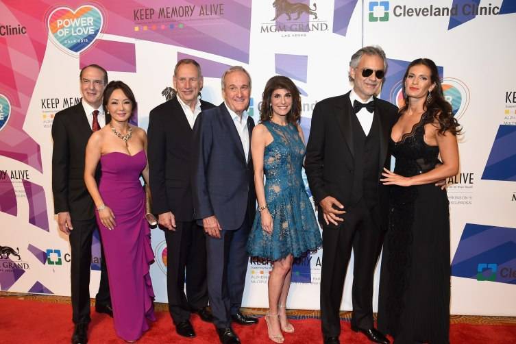 (L-R) Dr. Jeffrey Cummings and Dr. Kate Zong from Cleveland Clinic Lou Ruvo Center for Brain Health, Cleveland Clinic CEO Toby Cosgrove, Keep Memory Alive Founder Larry Ruvo, Keep Memory Alive Co-Founder and Vice Chairman Camille Ruvo and honorees Andrea Bocelli and Veronica Bocelli attend the 19th annual Keep Memory Alive "Power of Love Gala" benefit for the Cleveland Clinic Lou Ruvo Center for Brain Health honoring Andrea Bocelli and Veronica Bocelli at MGM Grand Garden Arena.  