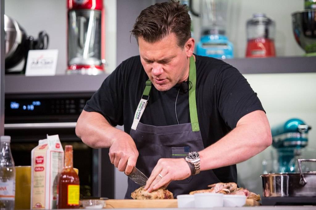Tyler  Florence demonstrates how to make his famous fried chicken, available at Wayfare Tavern.