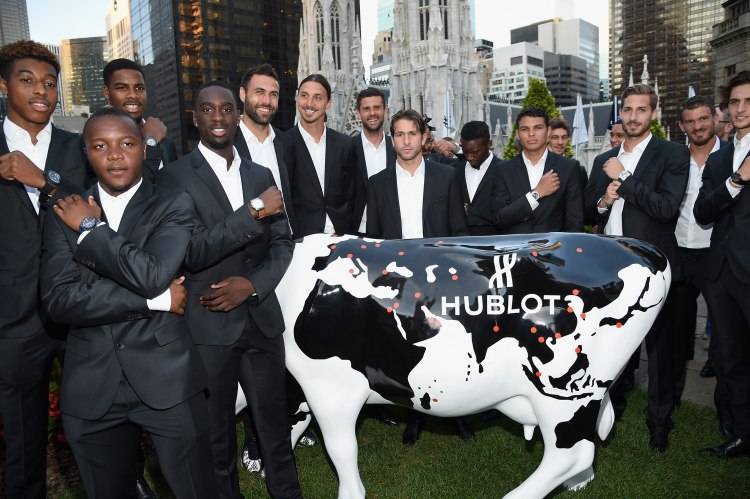 NEW YORK, NY - JULY 22:  Hervin Ongenda, Presnel Kimpembe, Jean-Kevin Augustin, Mike Maignan, Salvatore Sirigu, Zlatan Ibrahimovic, Maxwell, Thiago Silva, Kevin Trapp, Nicolas Douchez, Thiago Motta, Jean-Christophe Bahebeck, Benjamin Stambouli, Gregory Van Der Wiel and Adrien Rabiot attend the launch of Hublot's latest timepiece with Paris Saint-Germain Team and celebrates partnership In New York City on July 22, 2015 in New York City.  (Photo by Mike Coppola/Getty Images for Hublot)