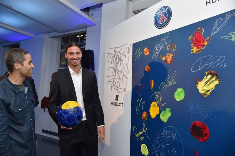 NEW YORK, NY - JULY 22:  JonOne and Zlatan Ibrahimovic attend the launch of Hublot's latest timepiece with Paris Saint-Germain Team and celebrates partnership In New York City on July 22, 2015 in New York City.  (Photo by Mike Coppola/Getty Images for Hublot)