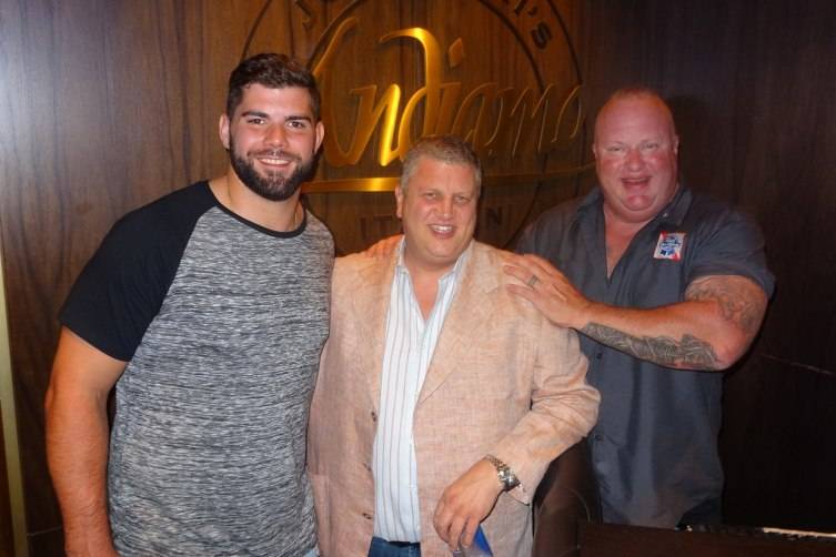Justin Pugh with Derek Stevens and Andrew Ramsey at Andiamo Italian Steakhouse at the D Las Vegas