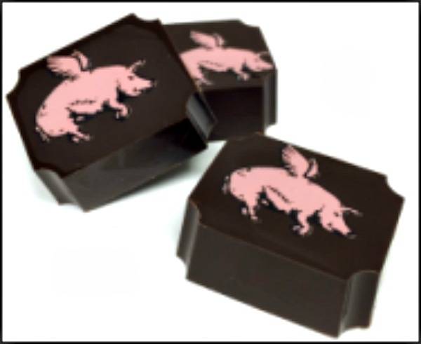 These cute chocolates are flavored with Organic black forest bacon cooked, candied and encased in a dark chocolate ganache