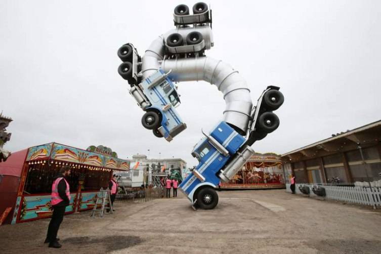 Image #: 38871634    Big Rig Jig, an artwork by Mike Ross, on display at Dismaland - Bemusement Park, Banksy's biggest show to date, in Western-super-Mare, Somerset.       PA PHOTOS /LANDOV