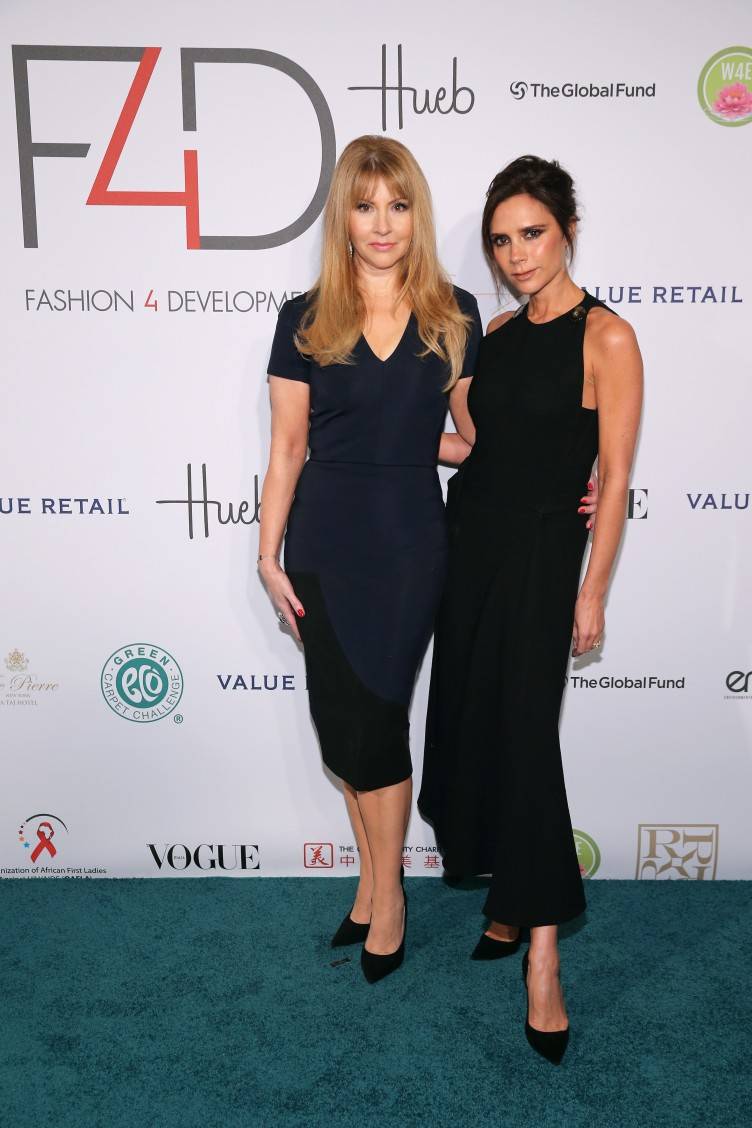 NEW YORK, NY - SEPTEMBER 28: F4D Founder Evie Evangelou (L) and UNAIDS goodwill ambassador Victoria Beckham attend the Fashion 4 Development's 5th annual Official First Ladies luncheon at The Pierre Hotel on September 28, 2015 in New York City. (Photo by Neilson Barnard/Getty Images for Fashion 4 Development)