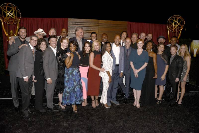 Academy Governor Bob Bergen, front row left, and Emmy nominees attend the Television Academy's 67th Emmy Awards Performers Nominee Reception 