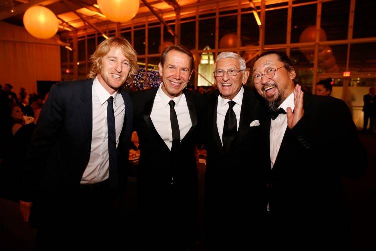 From left, Actor Owen Wilson, Artist Jeff Koons, Founder Eli Broad, and Artist Takashi Murakami pose during the Inaugural Dinner for the opening of The Broad Museum on Thursday, September 17, 2015, in Los Angeles, Calif. (Photo by Nicholas Gingold/Capture Imaging)
