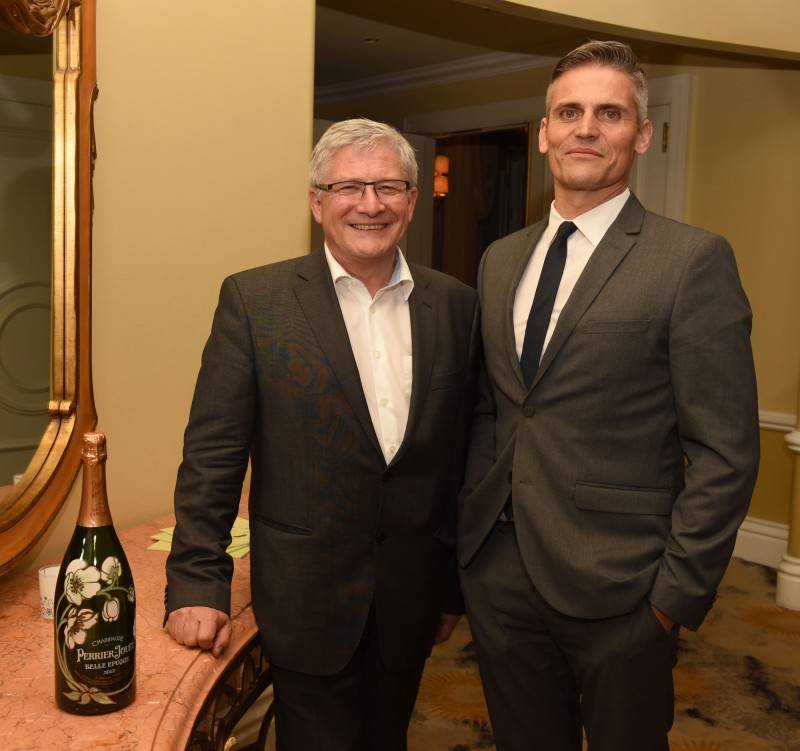 Chief Winemaker at Perrier Jout Herve Deschamps and co-founder of Eric Buterbaugh Florals Fabrice Croise attend the Haute Living And Eric Buterbaugh Florals Celebrate Perrier-Jouet Belle Epoque 2007 Limited Edition at The Beverly Hills Hotel 
