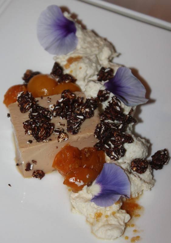 P4. Foie Gras Terrine, Oat Cream, Dark Chocolate Granola, Brioche and Gooseberries