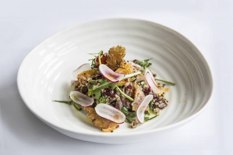 Quinoa-salad-with-warm-confit-of-duck-clementine’s-and-dried-fruit