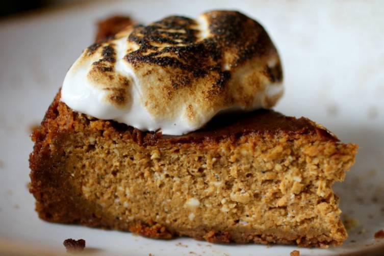 Coffee Pumpkin Cheesecake is topped with a toasted marshmallow.