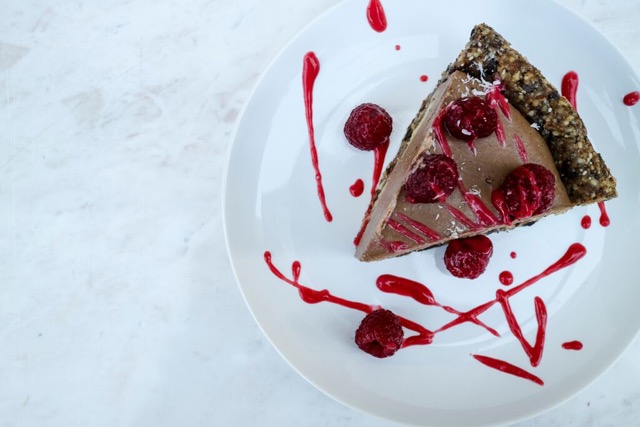 Raw chocolate chip derby with chickpea cookie dough & raspberry coulis