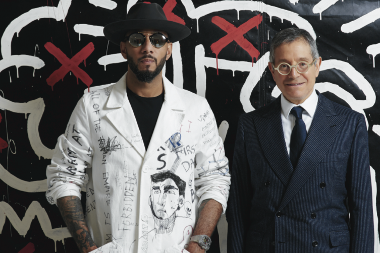 Swizz Beatz and Jeffrey Deitch standing in front of Keith Haring, Untitled, 1982. Photography by Mark Squires 