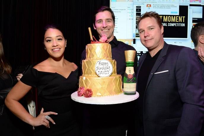 Moet Film Festival Judges actress Gina Rodriguez (L) and producer David Guillod join Moet & Chandon to celebrate 25 Years with the Golden Globes and the Winner of The Moet Moment Film Festival Competition in Los Angeles, CA on January 8 
