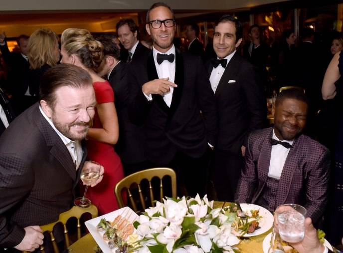 Ricky Gervais (L) and actor David Oyelowo (R) attend HBO's Official Golden Globe Awards After Party at The Beverly Hilton Hotel on January 10, 2016 in Beverly Hills, California 