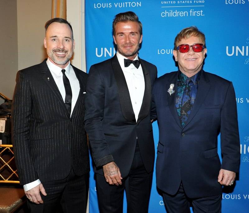Filmmaker David Furnish, UNICEF GWA Honoree David Beckham, and Recording artist Elton John attend the Sixth Biennial UNICEF Ball Honoring David Beckham and C. L. Max Nikias presented by Louis Vuitton at the Beverly Wilshire Hotel on January 12, 2016 in Beverly Hills 
