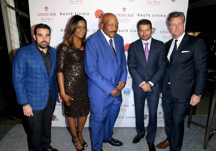 Haute Living Publisher Seth Semilof, Monique Brown, former Cleveland Browns running back and NFL Hall of Famer Jim Brown, Haute Living Publisher Kamal Hotchandani, and Vice President Louis XIII Americas, Yves De Launay attend Haute Living and Louis XIII Celebrate Jim Brown's 80th Birthday on February 4, 2016 in San Francisco, California. 