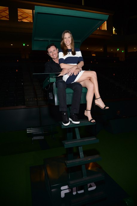 Hilary Swank (L) and Ruben Torres attend The Moet and Chandon Inaugural "Holding Court" Dinner at The 2016 BNP Paribas Open 