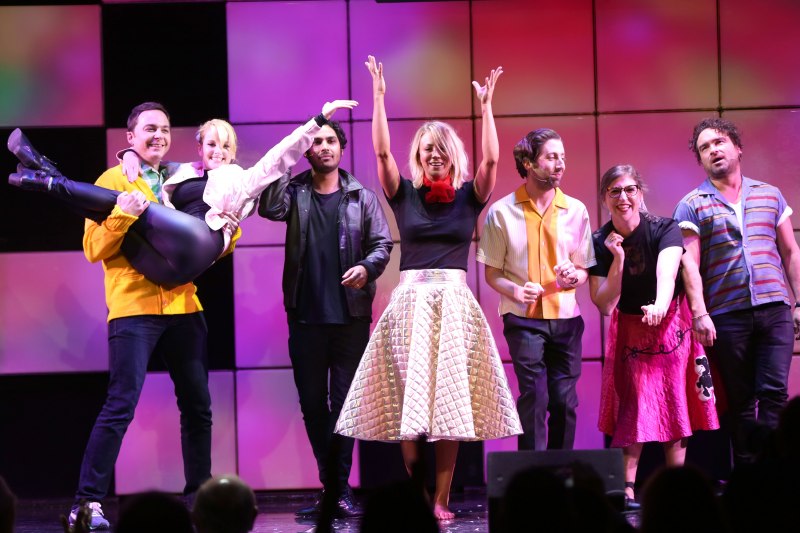 Jim Parsons, from left, Melissa Rauch, Kunal Nayyar, Kaley Cuoco, Simon Helberg, Mayim Bialik and Johnny Galecki from the cast of “The Big Bang Theory” perform songs from the musical “Grease” at the 24th annual Alzheimer's Association "A Night at Sardi's" 