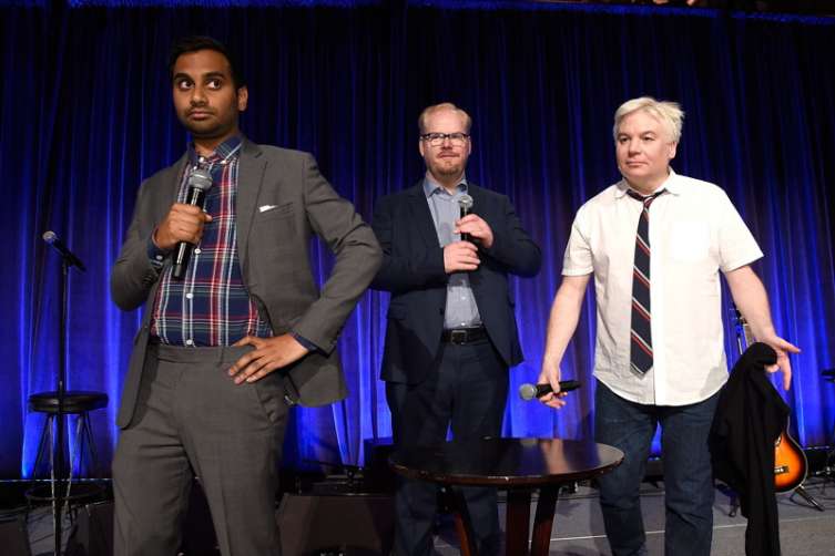  Jim Gaffigan, Mike Myers and Aziz Ansari speak onstage at the Can Do Awards 