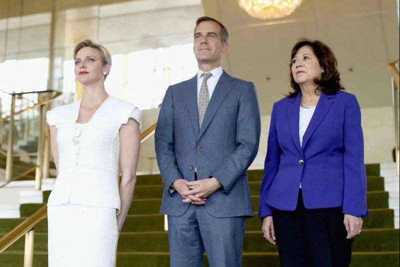 Her Serene Highness Princess Charlene of Monaco, Mayor of Los Angeles Eric Garcetti and Former United States Secretary of Labor Hilda Solis   