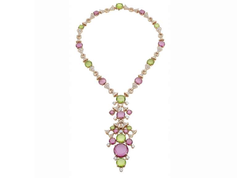 Divas’ Dream High Jewelry necklace with tourmalines, rubelites, peridots, and pavé diamonds. Retail price: upon request. Available at Bulgari stores nationwide, or visit bulgari.com