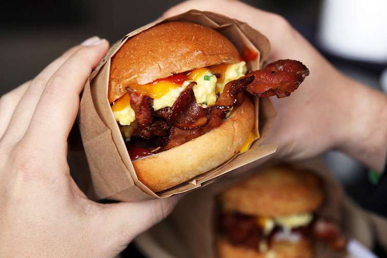 Eggslut at the Cosmopolitan of Las Vegas features breakfast sandwiches and long lines. 