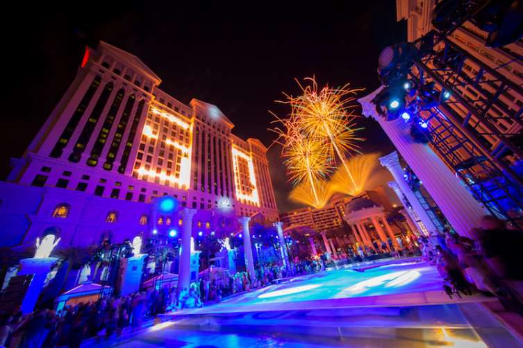 Fireworks over Caesars Palace celebrate the resort's 50th anniversary. 