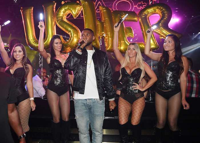 Usher attends his official album release party at 1 OAK Las Vegas at the Mirage. 