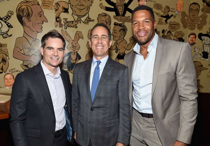 NEW YORK, NY - OCTOBER 18: (L-R) NASCAR Drive Jeff Gordon, Host Jerry Seinfeld and TV Personality Michael Strahan attend the New York Fatherhood Lunch to benefit GOOD+ Foundation on October 18, 2016 in New York City. (Photo by Jamie McCarthy/Getty Images for GOOD+)