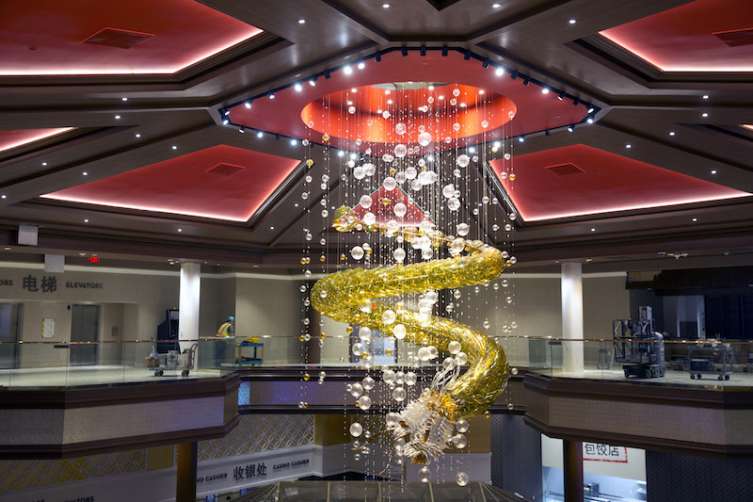 A dragon chandelier hangs over the casino floor at the Lucky Dragon hotel-casino under construction on Sahara Avenue near Las Vegas Boulevard South.