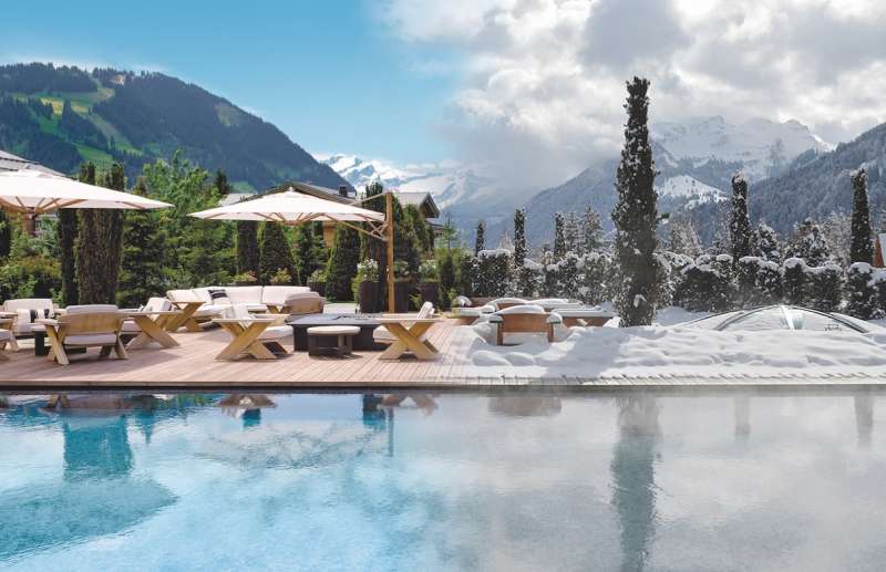The outdoor summer-winter pool at the Alpina Gstaad.