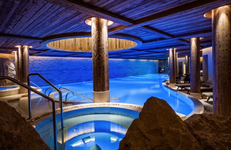 Indoor pools at The Alpina Gstaad’s Six Senses Spa
