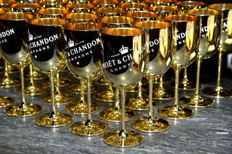 Moet & Chandon glasses, all in a row 