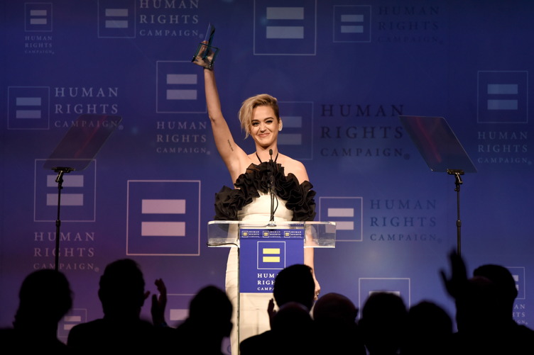 Katy Perry accepts the HRC National Equality Award onstage at The Human Rights Campaign 2017 Los Angeles Gala Dinner 