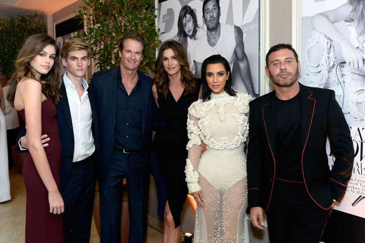 (L-R) Kaia Gerber, Presley Gerber, Rande Gerber, Cindy Crawford, Kim Kardashian West and Mert Alas attend the Daily Front Row's 3rd Annual Fashion Los Angeles Awards at Sunset Tower Hotel 